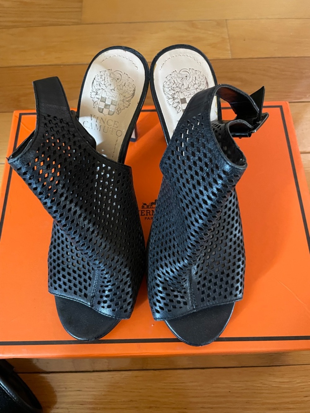 Vince Camuto Black Perforated Leather Slingback Mules